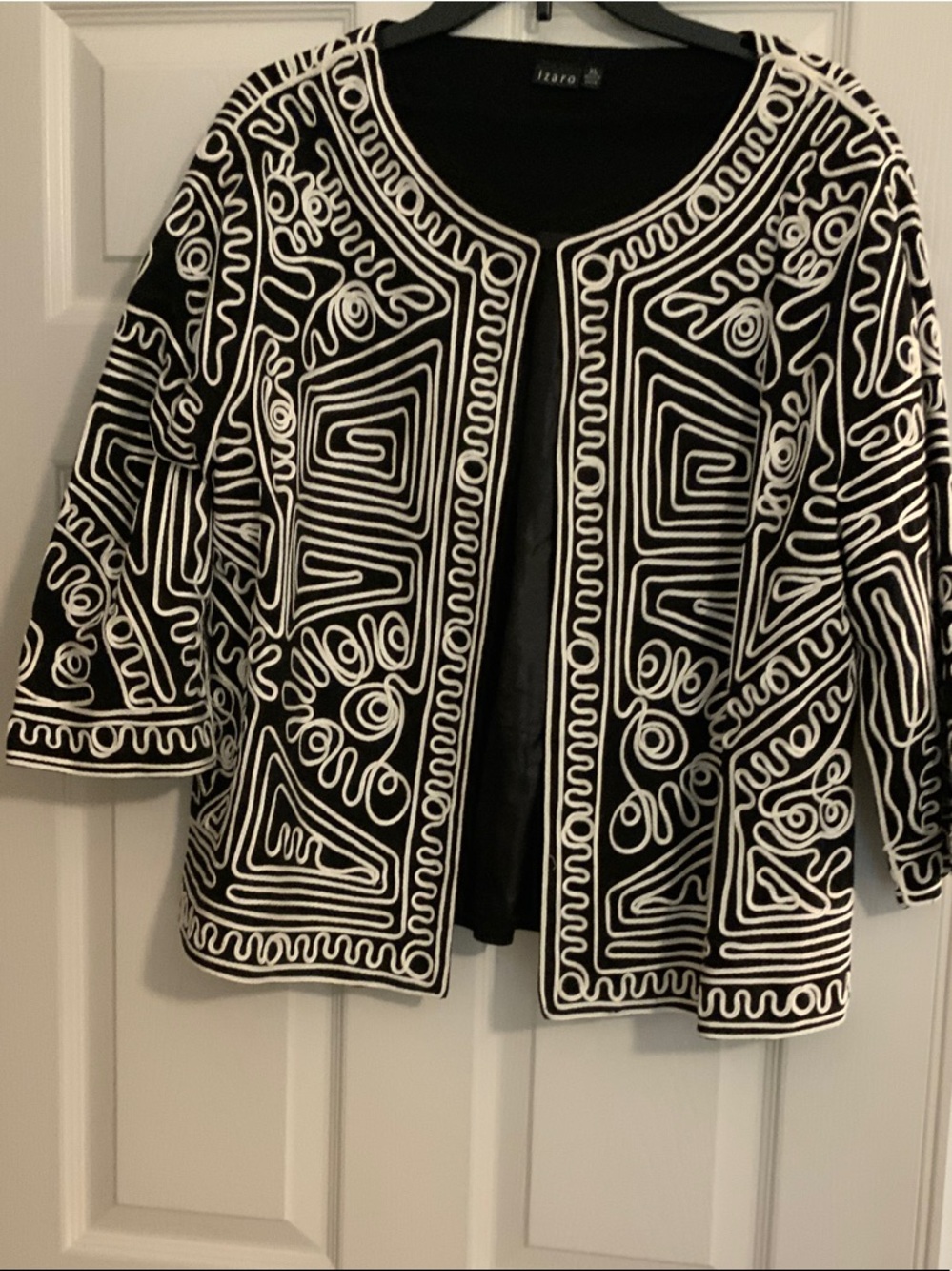 Black and White Embroidered Open-Front Jacket